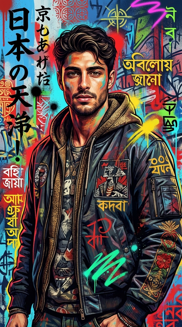 A high-fashion editorial poster of a person in stylish streetwear, surrounded by vibrant Japanese graffiti, Bengali symbols, and neon paint splashes.