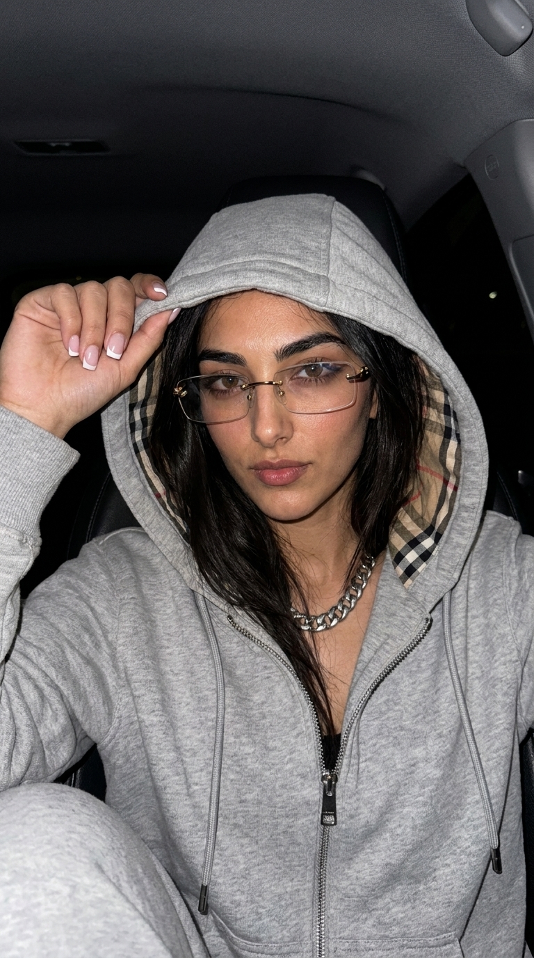 A realistic low-light night selfie of a person in a car wearing a gray hoodie and transparent glasses.