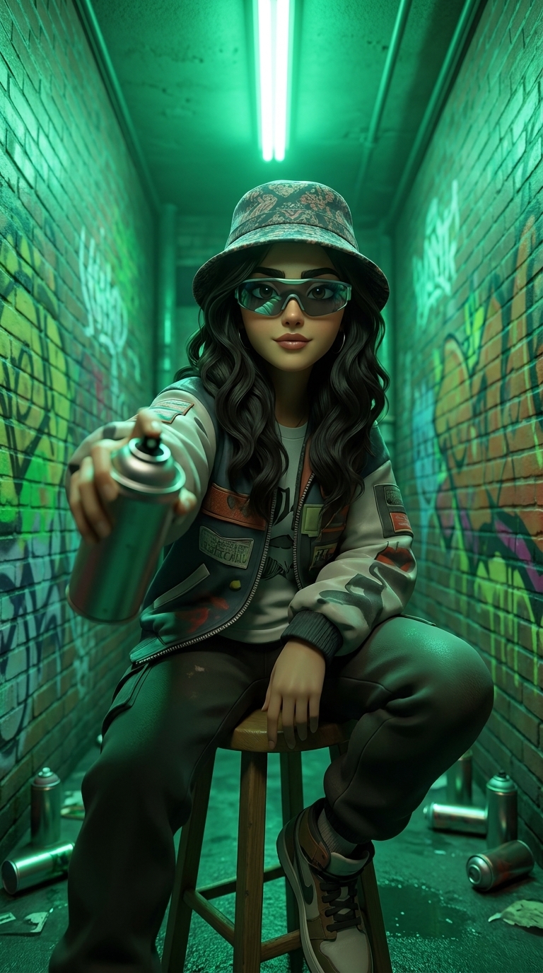 Stylized 3D character portrait of a graffiti artist in a green alleyway