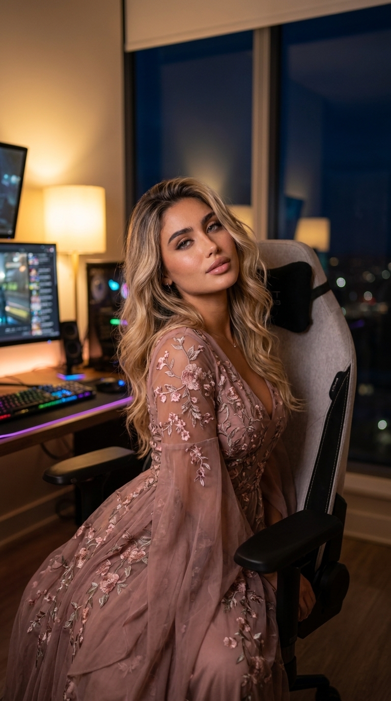 A cinematic vertical portrait of a person in a cozy streamer studio at night, wearing a dusty-rose dress with glowing RGB lights in the background.