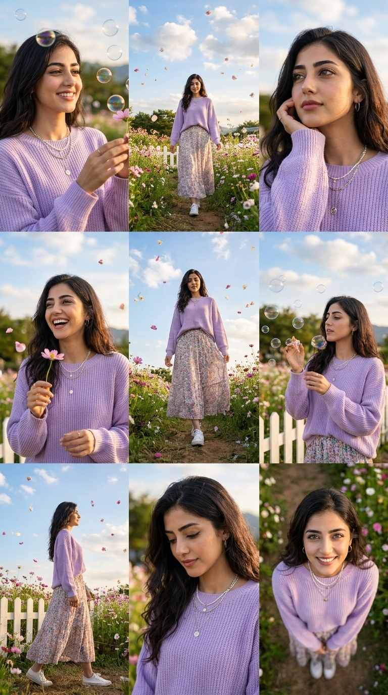 A 3x3 photo collage of a young woman with consistent features, displaying nine different joyful expressions and poses in a sunny Korean garden.