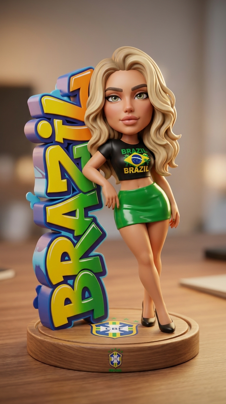A stylized 3D vinyl collectible figurine of a person leaning against a 3D graffiti sculpture spelling BRAZIL on a wooden desk.