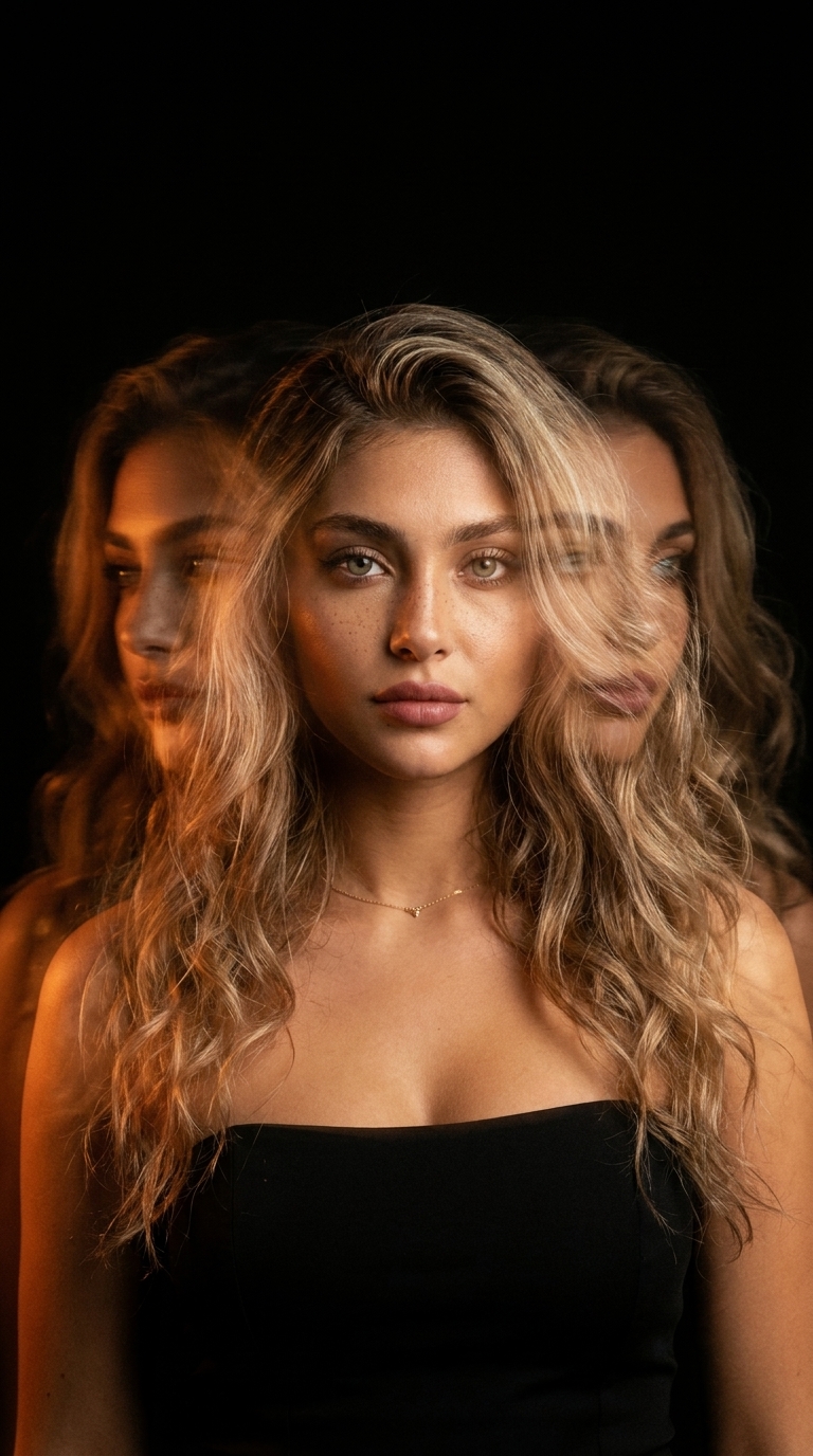 A dramatic cinematic portrait of a person with a horizontal long-exposure motion blur effect under blue-green and orange studio lights.
