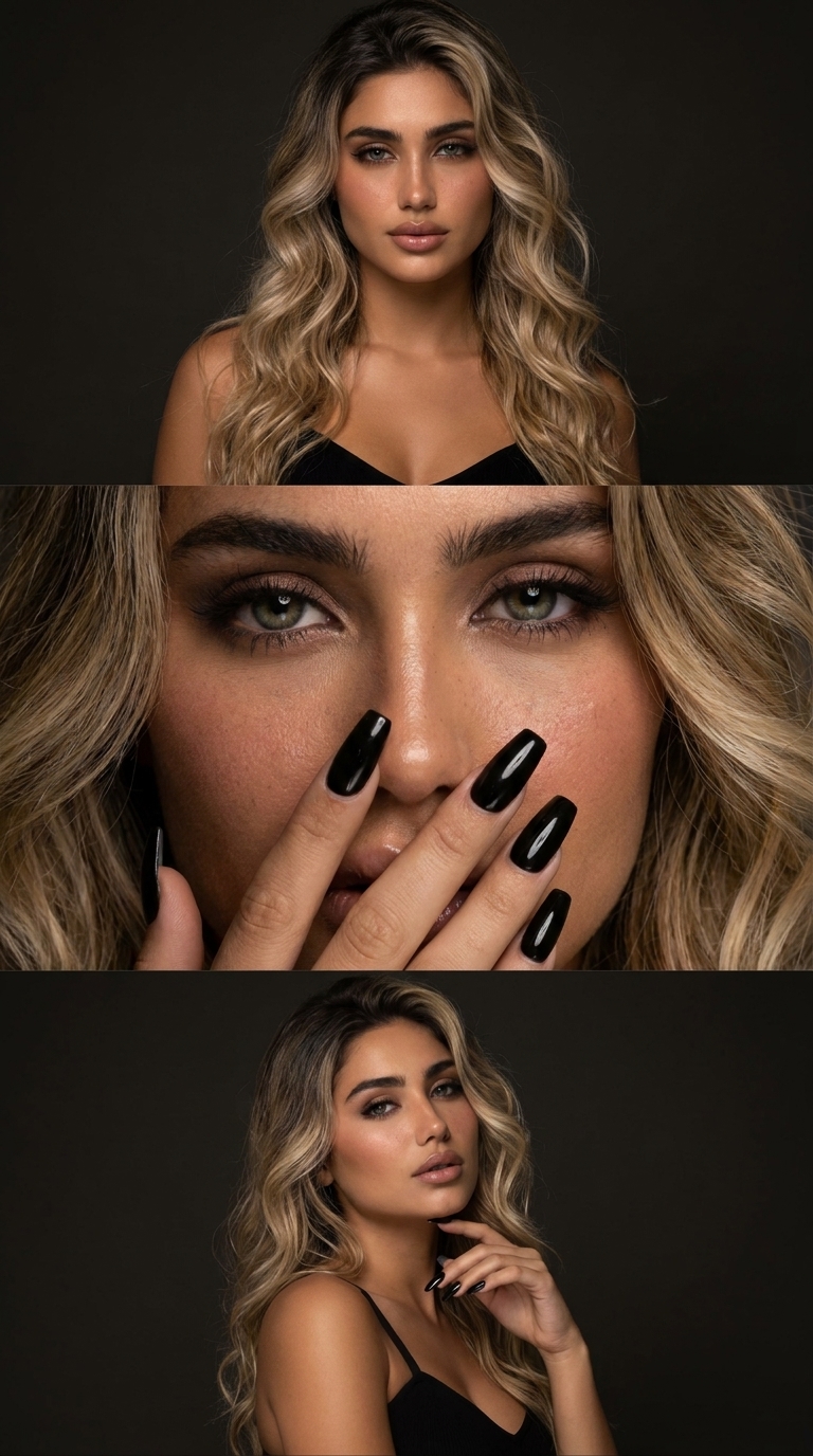 A high-fashion vertical triptych of a woman with sleek hair, featuring three stacked editorial studio portraits under dramatic lighting.