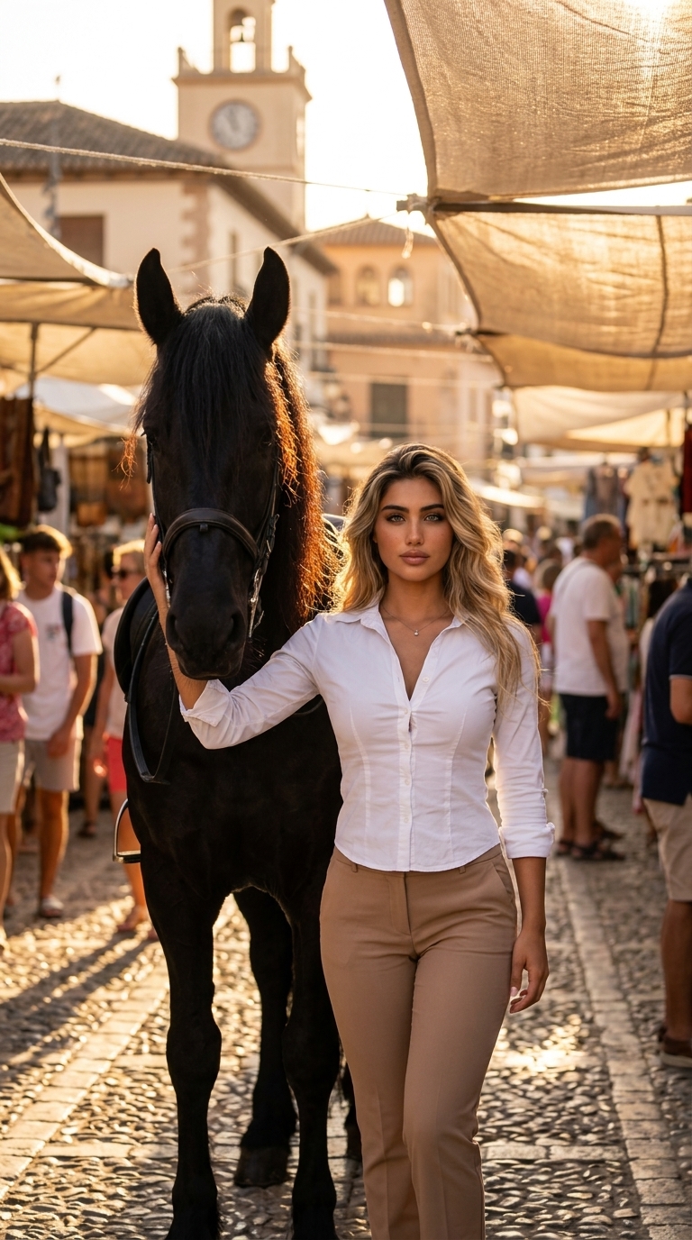 A cinematic vertical portrait of a person standing next to a black Friesian horse on a cobblestone Mediterranean market street during golden hour.