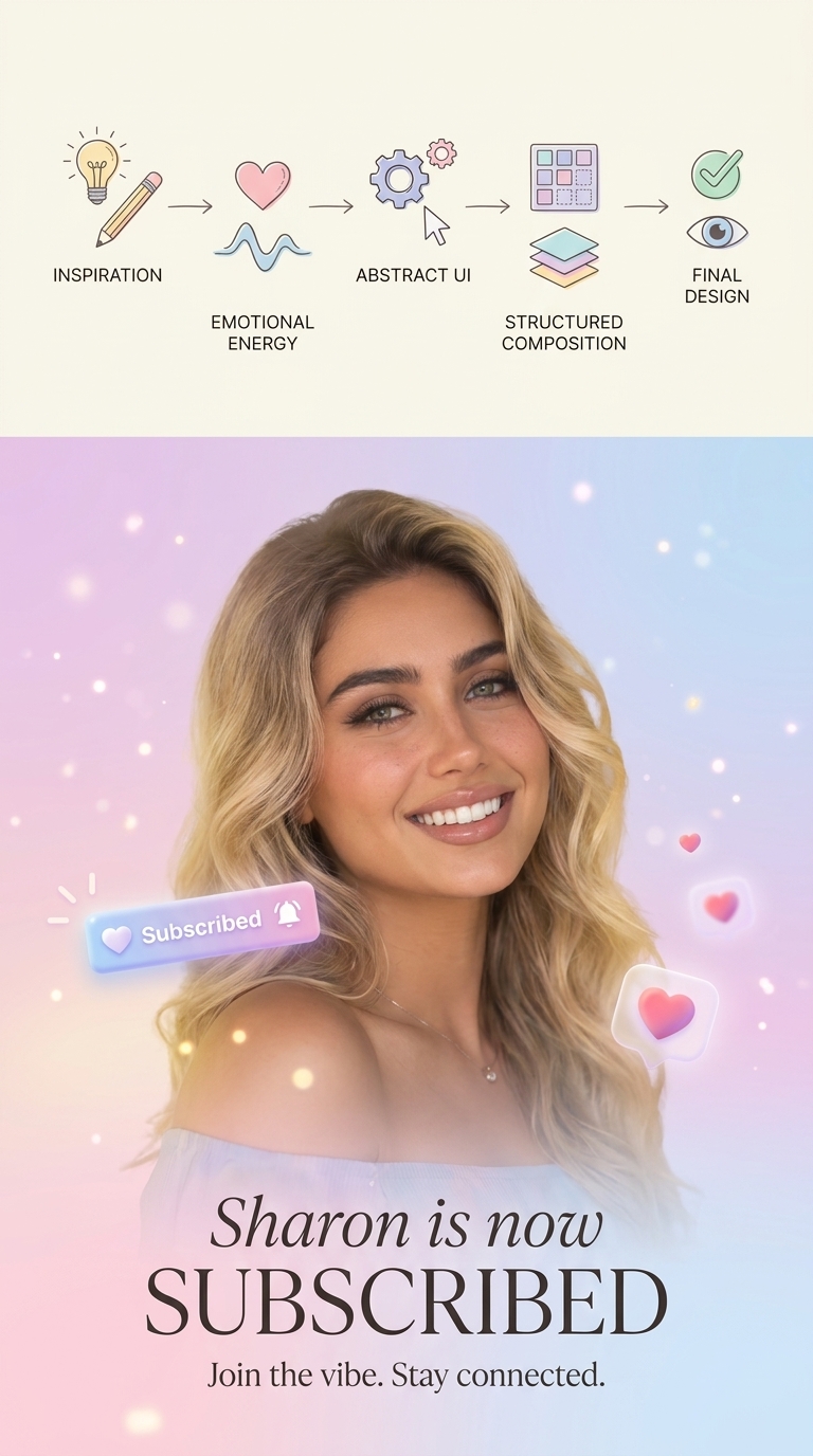 A premium two-tier vertical poster featuring a technical design diagram on top and a glowing, pastel-toned portrait of a woman with floating 3D UI elements on the bottom.
