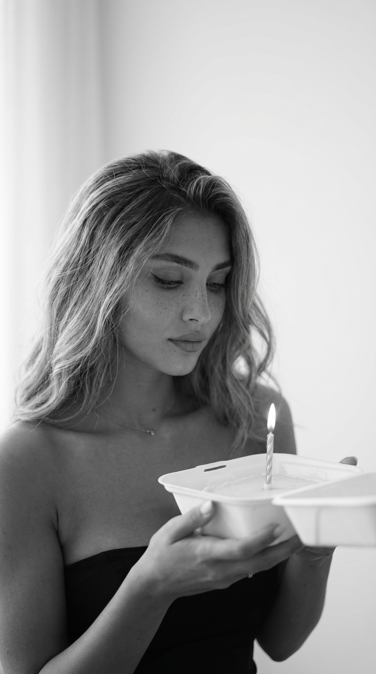 A candid black and white editorial portrait of a person holding a bento box with a single lit candle against a white wall.