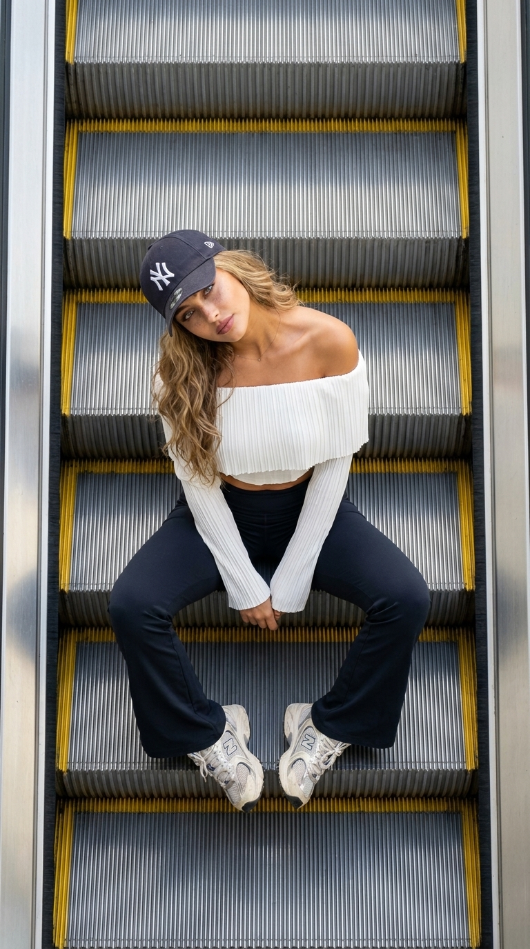 A high-angle editorial portrait of a young woman in streetwear sitting on a metal escalator with yellow safety lines.