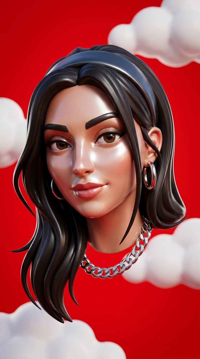 A hyper-stylized glossy 3D floating head portrait against a vivid red background with soft clouds.