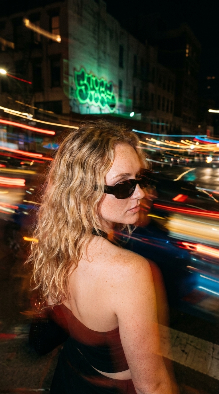 An experimental night portrait of a person with heavy motion blur and neon green light trails on a city street.