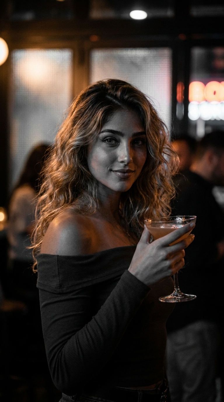 A low-light cinematic portrait of a person in a dimly lit bar, holding a glass, with dramatic warm highlights and heavy film grain.