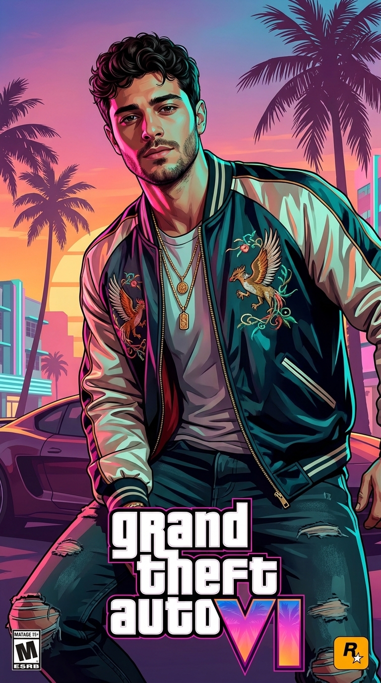 A stylized digital art poster of a confident man in luxury streetwear with a neon-lit Miami-style background and GTA VI inspired typography.