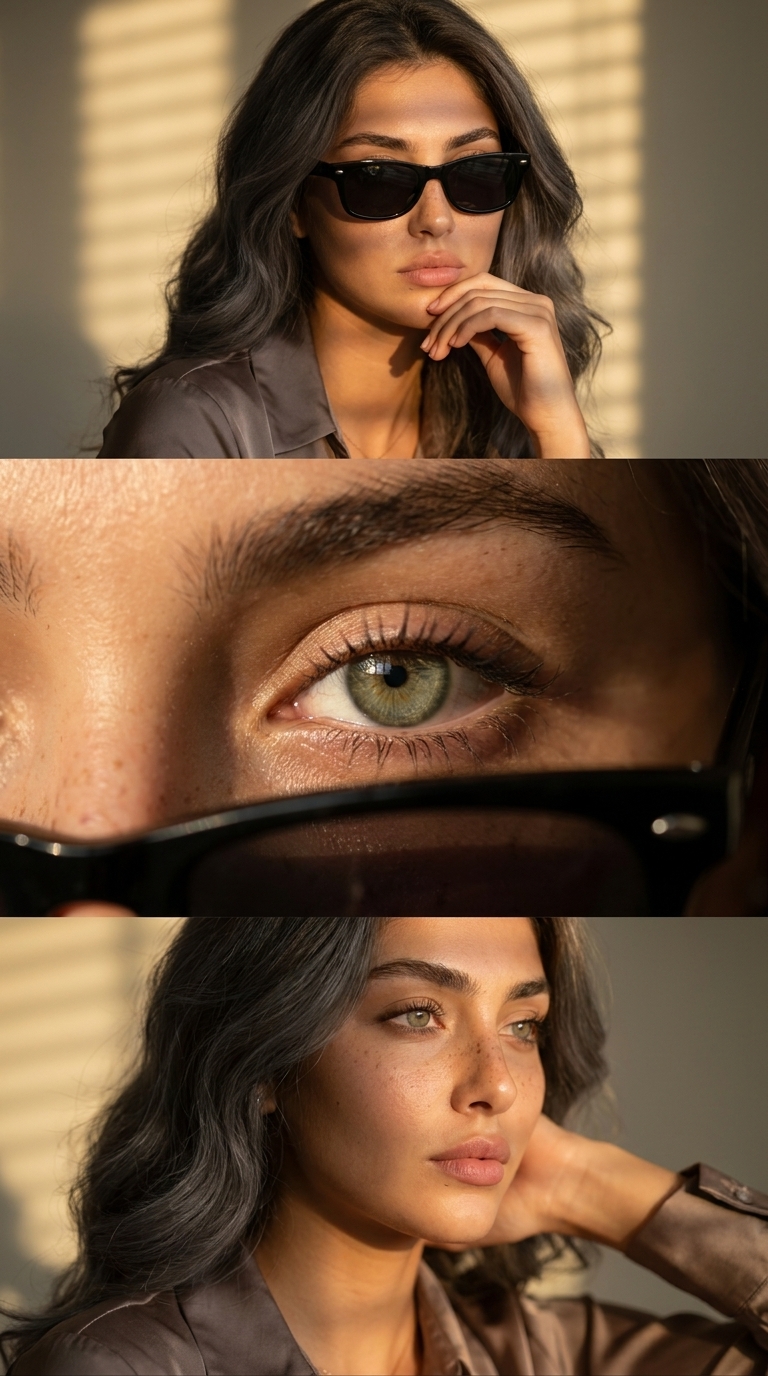 A vertical triptych editorial fashion portrait of a young woman, divided into three horizontal panels with warm cinematic golden lighting, sunglasses, and elegant silk clothing.
