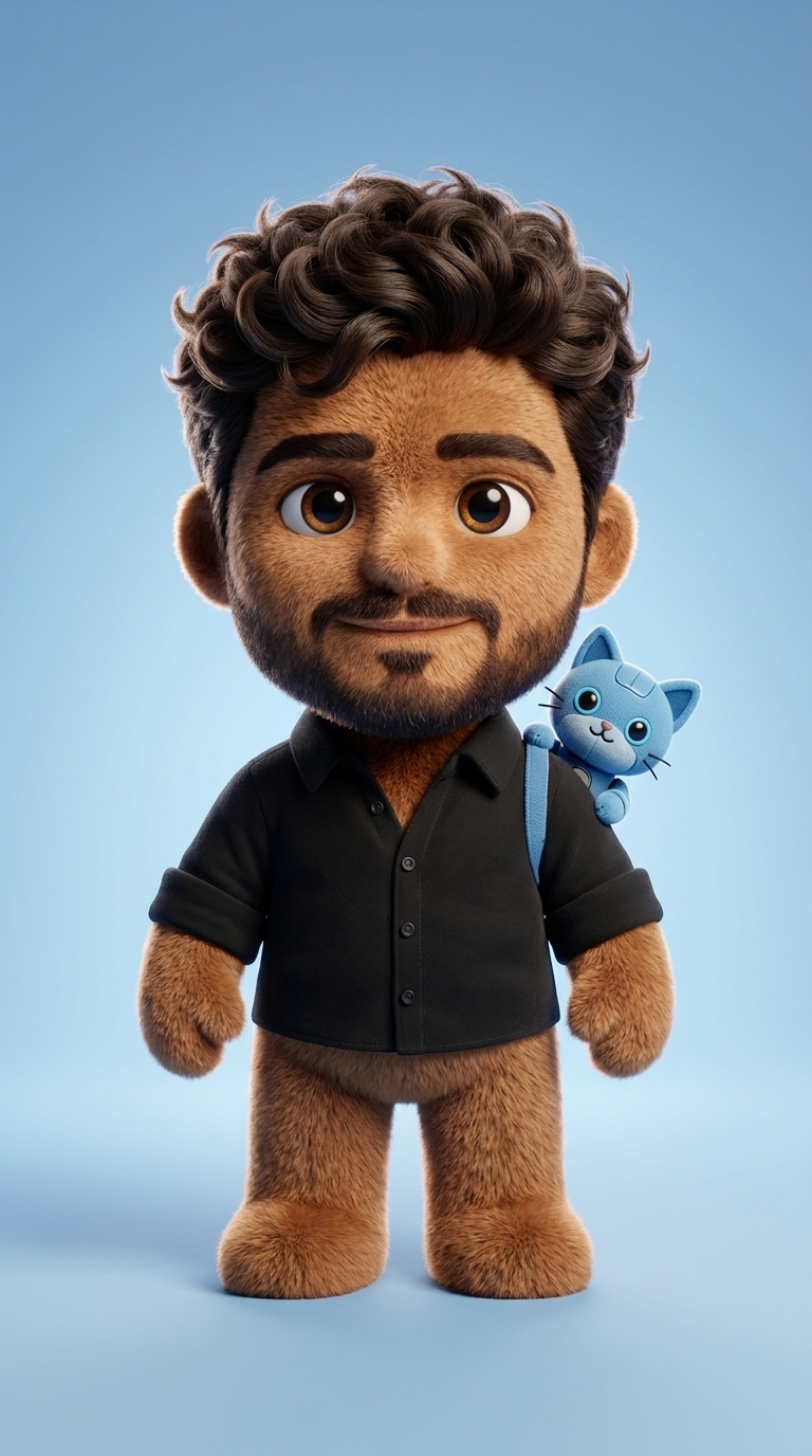 An adorable 3D plush toy character with fluffy fur and big eyes, rendered in Pixar style on a blue gradient background.