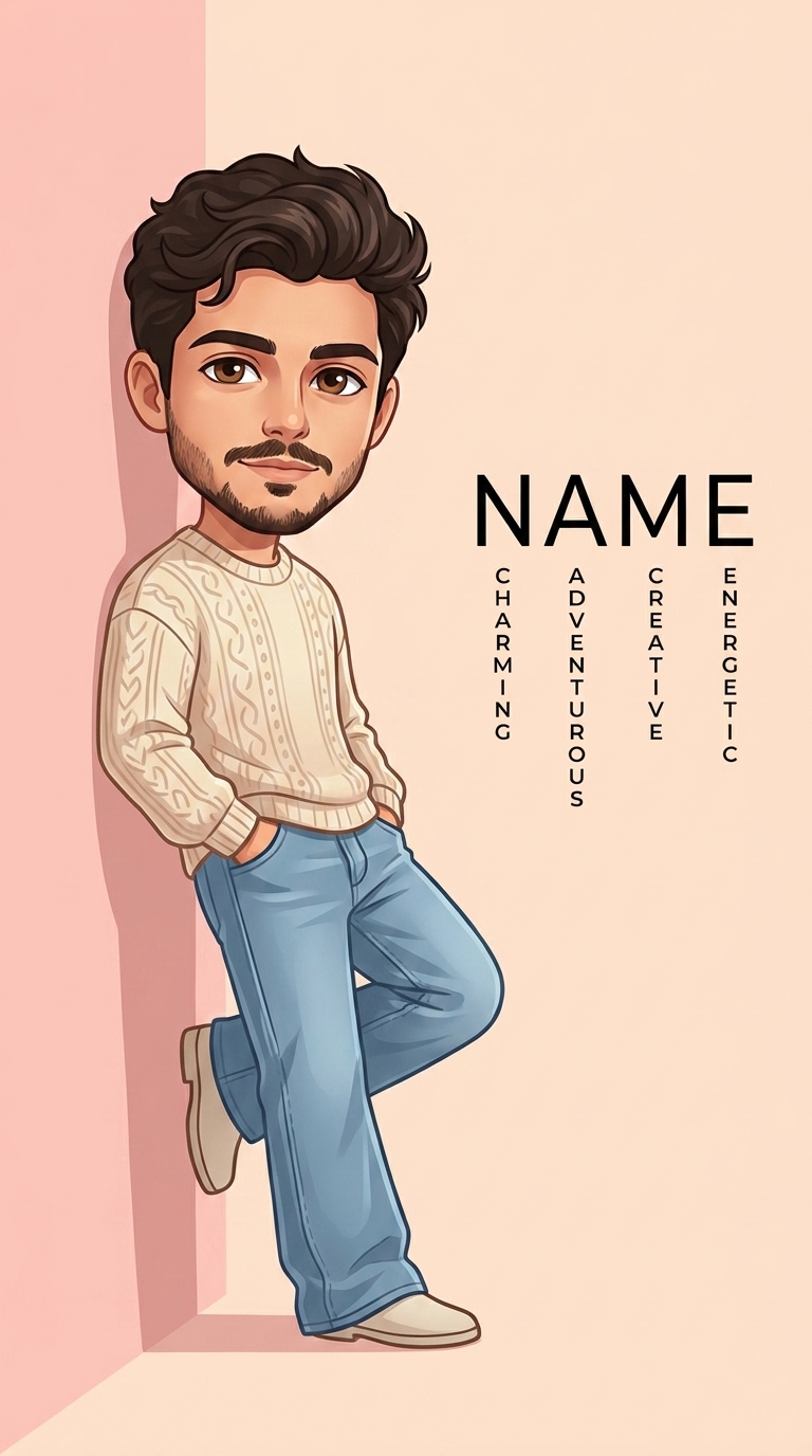A cute chibi-style cartoon illustration of a person leaning against a wall with their name written on the side.