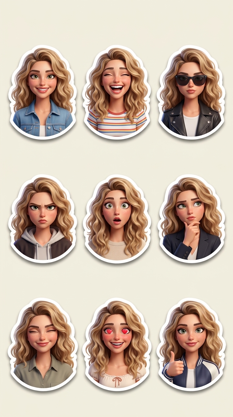 A vertical sheet of nine 3D Pixar-style stickers of the same character with different expressions on a cream background.