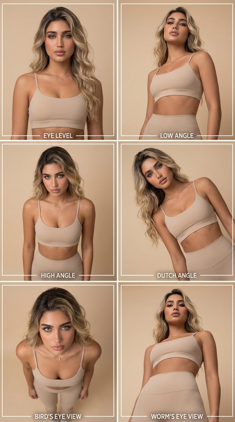 A 6-panel fashion editorial grid showing a female model in beige athleisure from six different camera angles with clean typography labels.